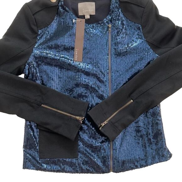 Lumiere Jacket Blazer Coat Black Blue Sequins Zip Cropped Party Small NEW - Picture 12 of 16